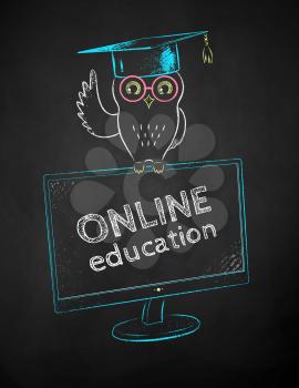 Owl in mortarboard sitting on desktop monitor. Vector color chalk drawn illustration of online education concept on black chalkboard background.