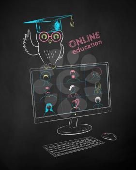 Owl in mortarboard sitting on desktop with live conference. Vector color chalk drawn illustration of online education concept on black chalkboard background.