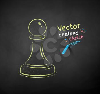 Vector color chalk drawn illustration of pawn chess figure on black chalkboard background.