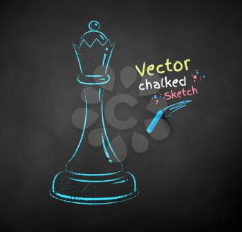 Vector color chalk drawn illustration of queen chess figure on black chalkboard background.
