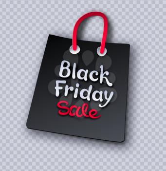 Vector  paper cut art style illustration of Black Friday sale shopping bag with shadow isolated on transparency background.