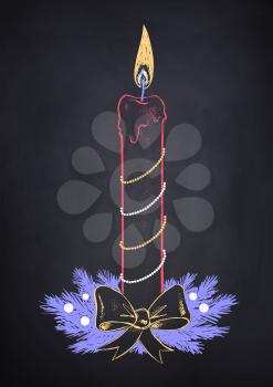 Vector chalked illustration of Christmas candle decorated with bow and fir branches on black chalkboard background. 