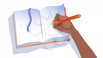 Vector isolated top view illustration of african american hands writing in notebook with pencil.
