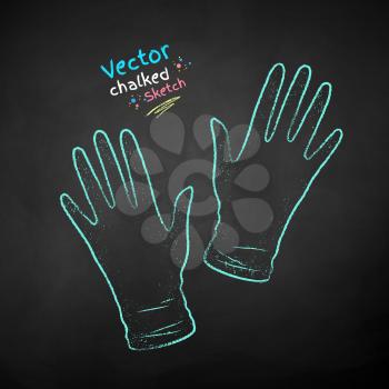 Vector color chalk drawn illustration of rubber gloves on black chalkboard background.