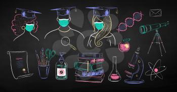 Vector color chalk drawn illustration collection of new normal education objects and characters on black chalkboard background.