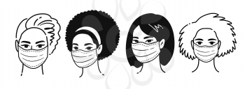 Vector black and white outline illustrations collection of female multiethnic portraits wearing protection medical masks isolated on white background. Coronavirus quarantine set.