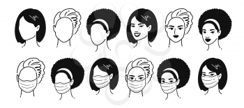 Quarantine collection. Vector black and white outline illustrations collection of female multiethnic portraits wearing protection medical masks isolated on white background.