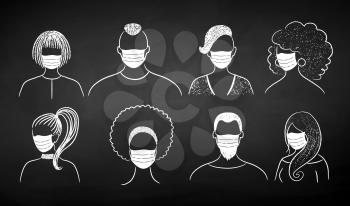 Vector bw chalk illustration set of new normal user icons people wearing face masks on black chalkboard background.