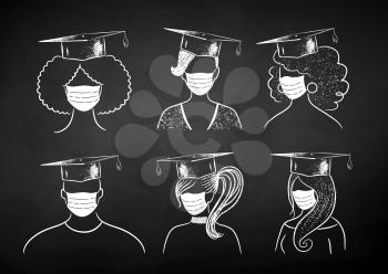 Vector bw chalk illustration collection of new normal students wearing face masks and mortarboards on black chalkboard background.
