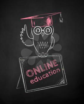 Owl in mortarboard sitting on digital tablet. Vector red and white chalk drawn illustration of online education concept on black chalkboard background.