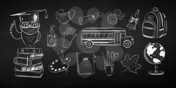 Vector black and white chalk drawn illustration collection of new normal education objects and owl sitting on books wearing face mask on chalkboard background.