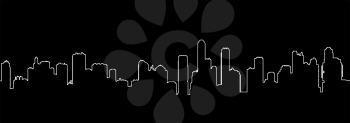 Seamless minimalistic horizontal vector illustration with cityscape silhouette. Simple one line style outline on black background.