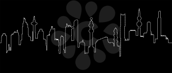 Seamless minimalistic horizontal vector illustration with cityscape silhouette. Simple one line style outline on black background.