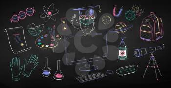 Vector color chalk drawn illustration collection of new normal education objects and owl sitting on desktop computer wearing face mask on black chalkboard background.