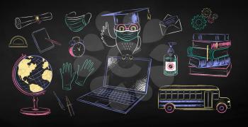 Vector color chalk drawn illustration collection of new normal education objects and owl sitting on laptop wearing face mask on black chalkboard background.