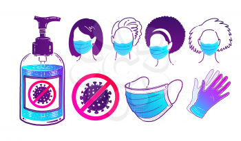 Vector illustration collection of virus protection items and people wearing face masks isolated on white background.