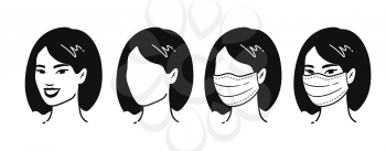 Vector outline illustration collection of female portrait user picture wearing protection medical mask isolated on white background. Coronavirus quarantine set.
