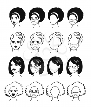 Vector bw illustrations collection of female multiethnic portraits user icons face and faceless avatars wearing protection medical masks isolated on white background. Coronavirus quarantine set.