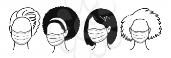 Vector black and white outline illustrations collection of female multiethnic faceless avatars wearing protection medical masks isolated on white background. Coronavirus quarantine set.