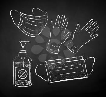 Vector bw chalk drawn illustration set of sanitizer bottle, face masks and rubber gloves on black chalkboard background.
