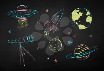 Vector color chalk drawn illustration collection of space objects on black chalkboard background.