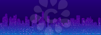 Horizontal vector background of cyberpunk futuristic cityscape silhouette with night lights in neon purple and blue colors.