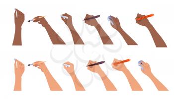 Vector collection of hands with brush, pencil and chalk isolated on white background.
