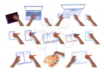 Vector collection of african american hands with computers and notebooks isolated on white background.