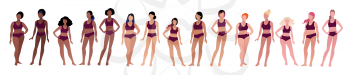 Vector illustration set of body positive multiethnic female characters isolated on white background.