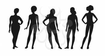 Vector illustration set of female silhouettes isolated on white background.
