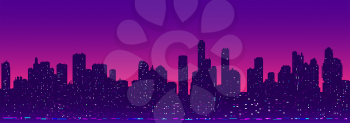 Horizontal vector background of cyberpunk futuristic cityscape silhouette with night lights in neon purple and pink colors.
