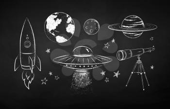 Vector black and white chalk drawn illustration collection of space objects on chalkboard background.