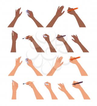 Vector collection of hands with brush, pencil and chalk isolated on white background.