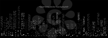 Abstract horizontal vector black and white seamless background of cyberpunk futuristic cityscape night lights.