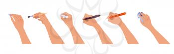 Vector set of hands with brush, pencil and chalk isolated on white background.