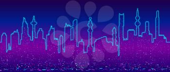 Vector background with cyberpunk futuristic cityscape silhouette with night lights in neon purple and pink colors.