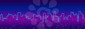 Horizontal vector background of futuristic cityscape silhouette with night lights in neon purple and pink colors.