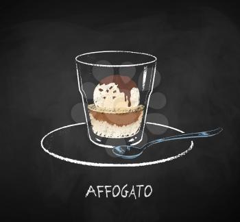 Affogato coffee glass isolated on black chalkboard background. Vector chalk drawn sideview grunge illustration.