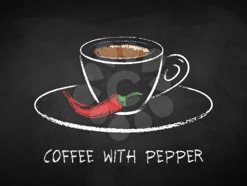 Coffee with pepper cup isolated on black chalkboard background. Vector chalk drawn sideview grunge illustration.