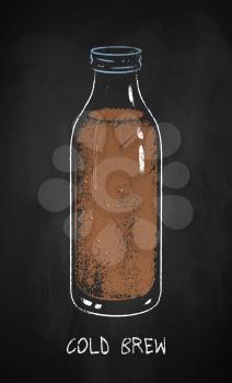 Cold Brew coffee bottle isolated on black chalkboard background. Vector chalk drawn sideview grunge illustration.