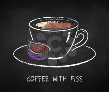 English coffee with figs cup isolated on black chalkboard background. Vector chalk drawn sideview grunge illustration.