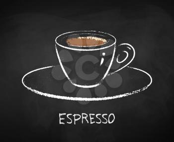 Espresso coffee cup isolated on black chalkboard background. Vector chalk drawn sideview grunge illustration.