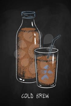 Cold Brew coffee cup isolated on black chalkboard background. Vector chalk drawn sideview grunge illustration.