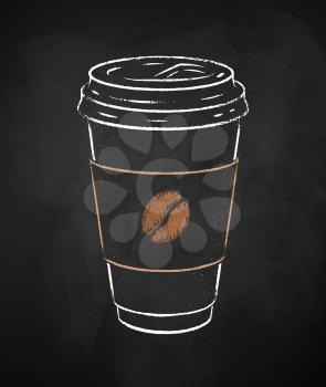 Coffee paper takeaway cup isolated on black chalkboard background. Vector chalk drawn sideview grunge illustration.