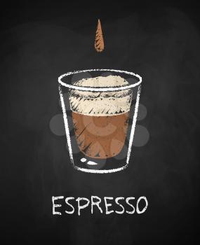 Espresso shot coffee cup isolated on black chalkboard background. Vector chalk drawn sideview grunge illustration.