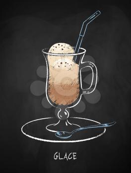 Glace coffee cup isolated on black chalkboard background. Vector chalk drawn sideview grunge illustration.