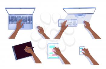 Vector collection of hands with computers and tablets isolated on white background
