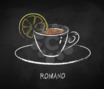 Romano coffee cup isolated on black chalkboard background. Vector chalk drawn sideview grunge illustration.
