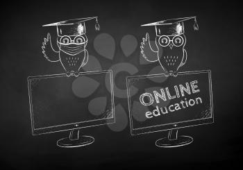 Vector chalk drawn black and white illustrations of student owl sitting on desktop screen with and without face mask on chalkboard background.