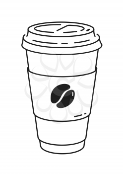 Vector minimalistic line art illustration of disposable paper coffee cup isolated on white background.